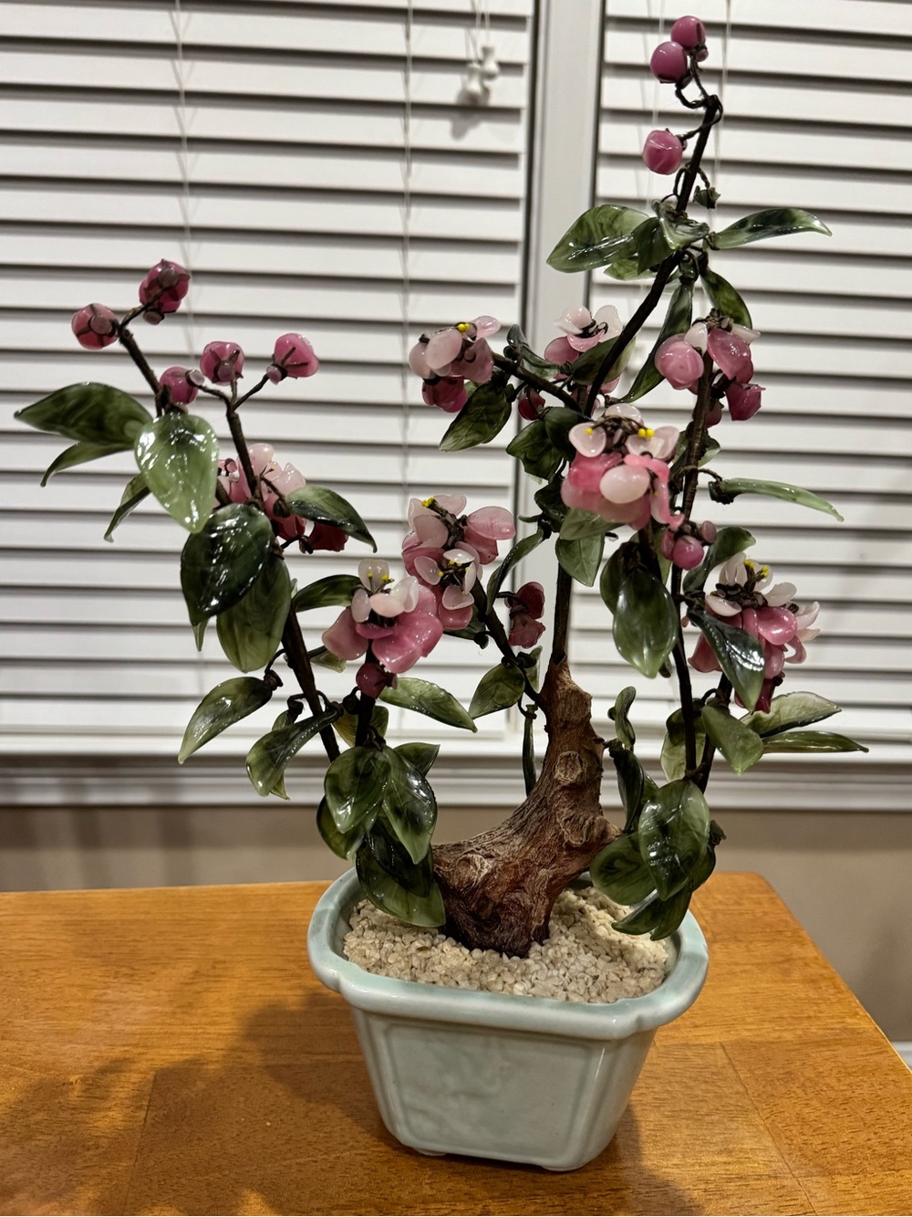 Vintage Chinese Bonsai In Celadon Vase Glass Leaves & Flowers Jade Tree